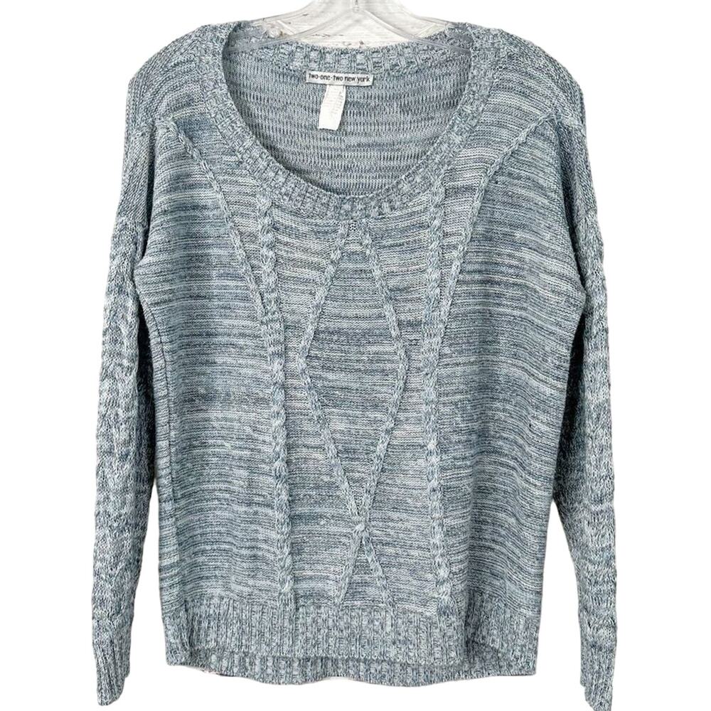 Two One Two New York Women's Cable Knit Pullover Sweater Blue Small